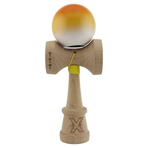 TeoMarket - Kendama X Originala, Profesionala, Flippy, Super Sticky cu Cupe Mari KING SIZE V3, Gaura in Baza, Rulment Metalic, din lemn 18 cm, Ata 62/65 cm, Gradient Portocaliu/Galben/Alb