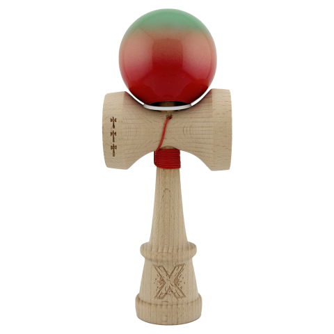 TeoMarket - Kendama X Originala, Profesionala, Flippy, Super Sticky cu Cupe Mari KING SIZE V3, Gaura in Baza, Rulment Metalic, din lemn 18 cm, Ata 62/65 cm, Gradient Verde/Portocaliu/Rosu