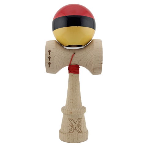 TeoMarket - Kendama X Originala, Profesionala, Flippy, Super Sticky cu Cupe Mari KING SIZE V3, Gaura in Baza, Rulment Metalic, din lemn 18 cm, Ata 62/65 cm, Rosu/Negru/Galben 