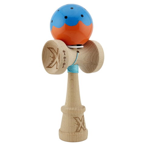 TeoMarket - Kendama X Originala, Profesionala, Flippy, Super Sticky cu Cupe Mari KING SIZE V3, Gaura in Baza, Rulment Metalic, din lemn 18 cm, Ata 62/65 cm, Special Albastru/Portocaliu