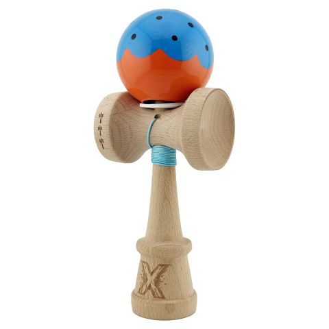 TeoMarket - Kendama X Originala, Profesionala, Flippy, Super Sticky cu Cupe Mari KING SIZE V3, Gaura in Baza, Rulment Metalic, din lemn 18 cm, Ata 62/65 cm, Special Albastru/Portocaliu