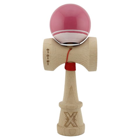 TeoMarket - Kendama X Originala, Profesionala, Flippy, Super Sticky cu Cupe Mari KING SIZE V3, Gaura in Baza, Rulment Metalic, din lemn 18 cm, Ata 62/65 cm, Special Roz/Alb