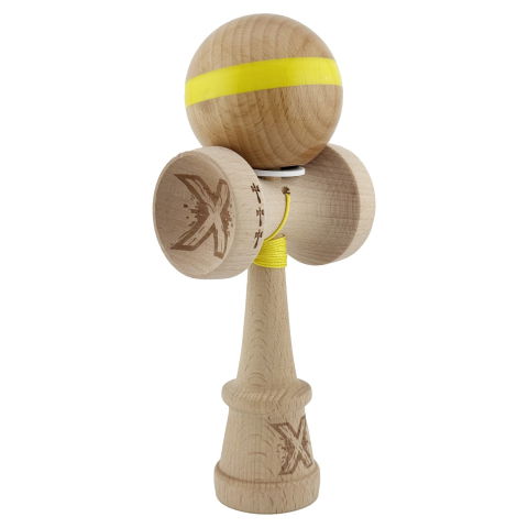 TeoMarket - Kendama X Originala, Profesionala, Flippy, Super Sticky, Cupe Mari KING SIZE V3, Gaura in Baza, Rulment Metalic, din lemn 18 cm, Ata 62/65 cm, Original Galben