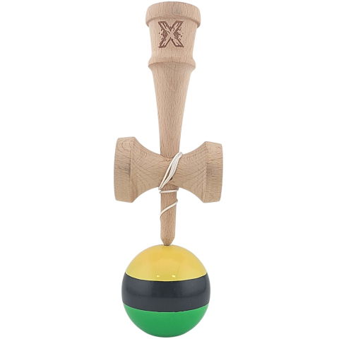 50 - 100 LEI - Kendama X Originala, Profesionala, Flippy, Super Sticky din Lemn, 18 cm, Galben/Negru/Verde