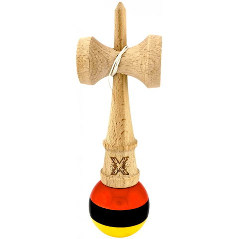 TeoMarket - Kendama X Originala, Profesionala, Flippy, Super, Sticky din Lemn, 18 cm, Rosu/Negru/Galben