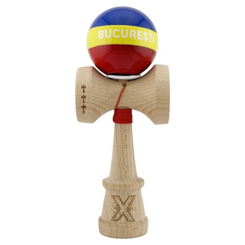 TeoMarket - Kendama X Originala, Profesionala, Flippy, Tricolor Edition BUCURESTI, Super Sticky cu Cupe Mari KING SIZE V3, Rulment Metalic si Gaura in Baza, din Lemn 18 cm, Ata 62/65 cm, Multicolor