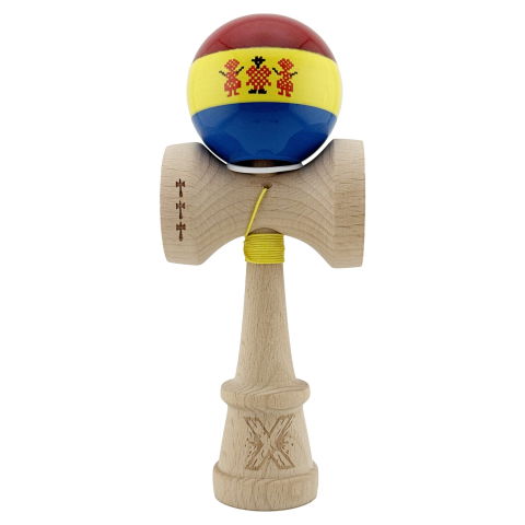 TeoMarket - Kendama X Originala, Profesionala, Flippy, Tricolor Edition Stil Romanesc, Super Sticky cu Cupe Mari KING SIZE V3, Rulment Metalic si Gaura in Baza, din Lemn 18 cm, Ata 62/65 cm, Multicolor