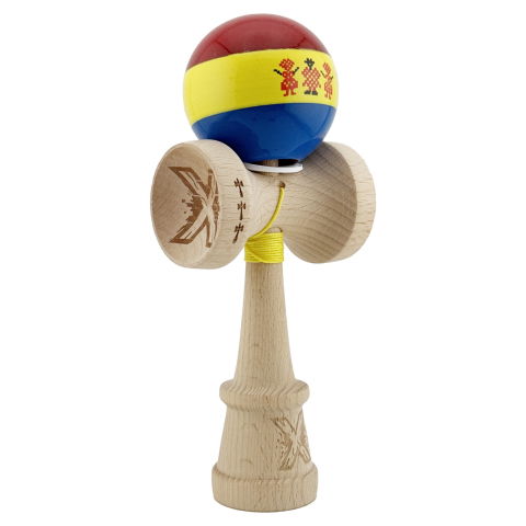 TeoMarket - Kendama X Originala, Profesionala, Flippy, Tricolor Edition Stil Romanesc, Super Sticky cu Cupe Mari KING SIZE V3, Rulment Metalic si Gaura in Baza, din Lemn 18 cm, Ata 62/65 cm, Multicolor