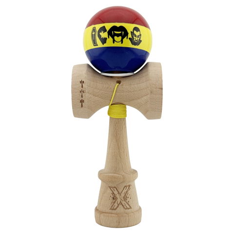 TeoMarket - Kendama X Originala, Profesionala, Flippy, Tricolor Edition Vampir Dracula, Super Sticky cu Cupe Mari KING SIZE V3, Rulment Metalic si Gaura in Baza, din Lemn 18 cm, Ata 62/65 cm, Multicolor