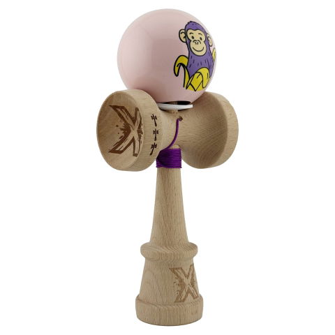 TeoMarket - Kendama X Originala, Profesionala, Flippy, Violet Monkey, Super Sticky cu Cupe Mari King Size V3, Rulment Metalic si Gaura in Baza, din Lemn 18 cm, Ata 62/65 cm, Roz