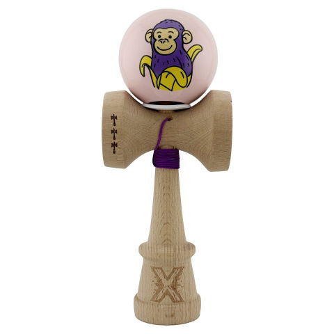 TeoMarket - Kendama X Originala, Profesionala, Flippy, Violet Monkey, Super Sticky cu Cupe Mari King Size V3, Rulment Metalic si Gaura in Baza, din Lemn 18 cm, Ata 62/65 cm, Roz