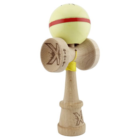 TeoMarket - Kendama X Originala Silken, Profesionala, Flippy, Cupe Mari KING SIZE V3, Super Sticky, Gaura in Baza, Rulment Metalic, din lemn 18 cm, Ata 62/65 cm, Cream Galben