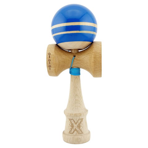 TeoMarket - Kendama X Rainbow Originala, Profesionala, Flippy, Big Cups V2, Super Sticky cu Cupe Mari, Rulment Metalic, din lemn 18 cm, Ata 55 cm, Albastru/Maro