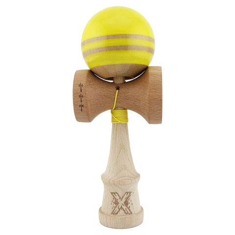 TeoMarket - Kendama X Rainbow Originala, Profesionala, Flippy, Big Cups V2, Super Sticky cu Cupe Mari, Rulment Metalic, din lemn 18 cm, Ata 55 cm, Galben/Maro
