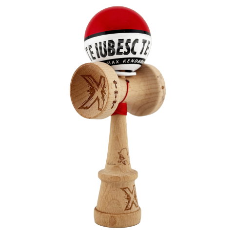 Import - Kendama X TE IUBESC Originala, Profesionala, Flippy, Super Sticky cu Cupe Mari KING SIZE V3, Gaura in Baza, Rulment Metalic, din lemn 18 cm, Ata 62/65 cm, Rosu/Alb