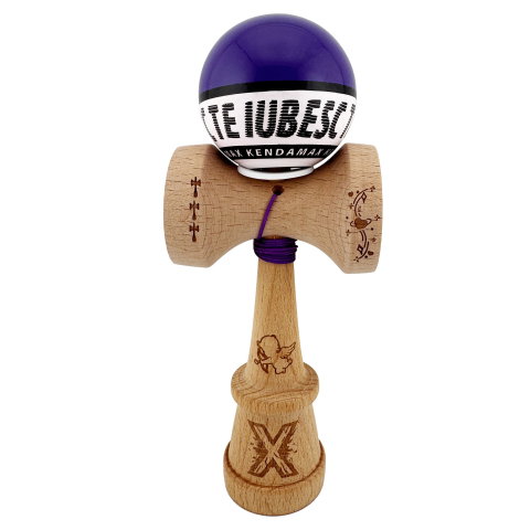Import - Kendama X TE IUBESC Originala, Profesionala, Flippy, Super Sticky cu Cupe Mari KING SIZE V3, Gaura in Baza, Rulment Metalic, din lemn 18 cm, Ata 62/65 cm, Violet/Alb