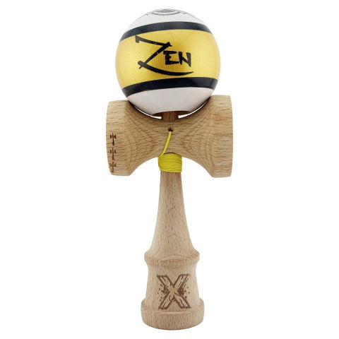 TeoMarket - Kendama X ZEN Originala, Profesionala, Flippy, Big Cups V2, Super Sticky Legendary Cupe Mari, Rulment Metalic cu Ata 55 cm, Auriu/Alb