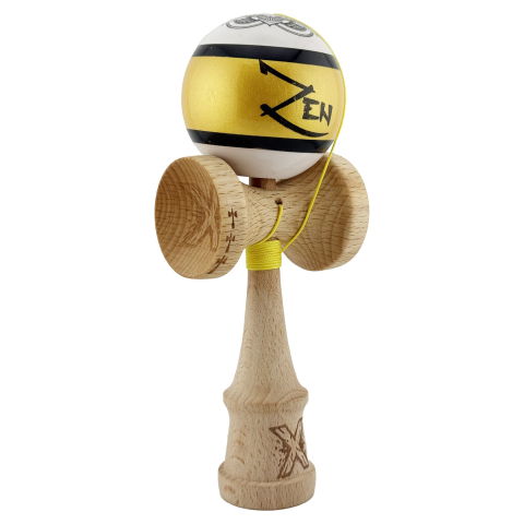TeoMarket - Kendama X ZEN Originala, Profesionala, Flippy, Big Cups V2, Super Sticky Legendary Cupe Mari, Rulment Metalic cu Ata 55 cm, Auriu/Alb