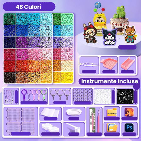 50 - 100 LEI - Kit de Margele Perle, Flippy, Set DIY 3D din 48 de Culori, 4000 de piese, Instrumente pentru Margele Incluse, 2.6 mm in cutie, Multicolor