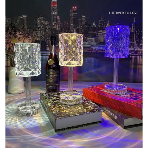 Import - Lampa de birou pe LED RGB 16, Flippy, dimmer tactil, 3 nivele de intensitate, incarcare USB, 3W, Cristal Acrilic, 13x28 cm, cu telecomanda, forma veioza, transparent