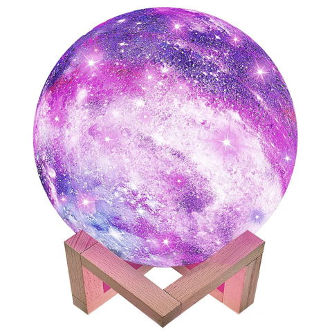 TeoMarket - Lampa de veghe in forma de luna cu stele 3D Moon Light 7 culori, alimentare baterii, stand din lemn inclus, 15 cm, Flippy