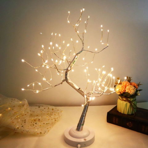 TeoMarket - Lampa de veghe LED cu baterii si USB, Flippy, Model Copac din cupru, Alb cald