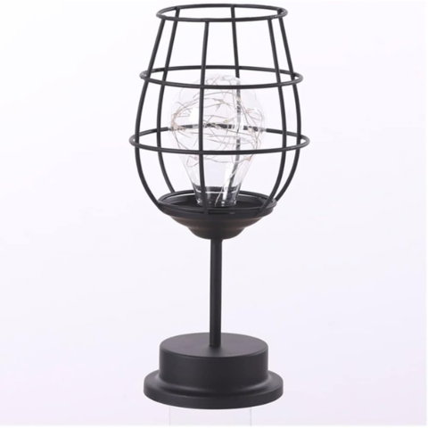 Import - Lampa Decorativa cu Leduri, Flippy, Model Pahar de Vin, cu Baterii, 13 x 13 x 28 cm, Suport Negru, Lumina Alb Cald
