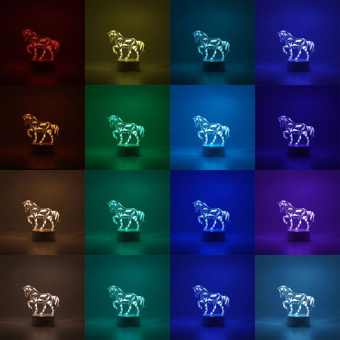 Import - Lampa LED decorativa, Flippy, 3D, Cal, cu telecomanda, doua moduri de alimentare USB si baterii, 20 cm inaltime, din material acril si lumina multicolora, alb