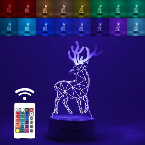 Import - Lampa LED decorativa, Flippy, 3D, Cerb, cu telecomanda, doua moduri de alimentare USB si baterii, 20 cm inaltime, din material acril si lumina multicolora, alb