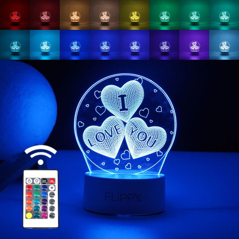 Import - Lampa LED decorativa, Flippy, 3D, cu text "I love you", doua moduri de alimentare USB si baterii, 20 cm inaltime, din material acril si lumina multicolora, alb