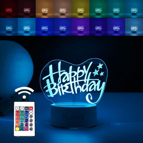 Lampi de veghe - Lampa LED decorativa, Flippy, 3D, Happy Birthday, cu USB si baterii, 20 cm inaltime, din material acril, lumina multicolora si telecomanda inclusa, alb