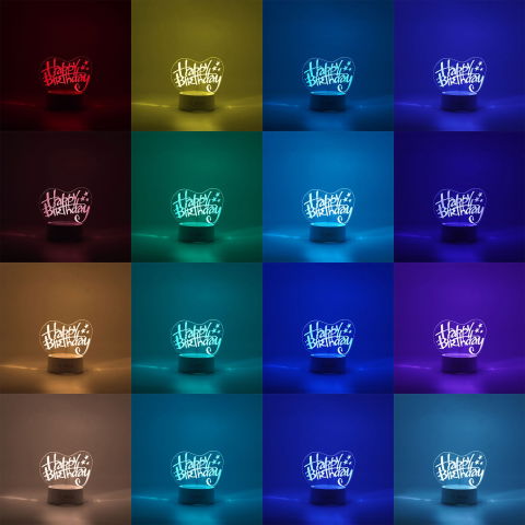 Lampi de veghe - Lampa LED decorativa, Flippy, 3D, Happy Birthday, cu USB si baterii, 20 cm inaltime, din material acril, lumina multicolora si telecomanda inclusa, alb