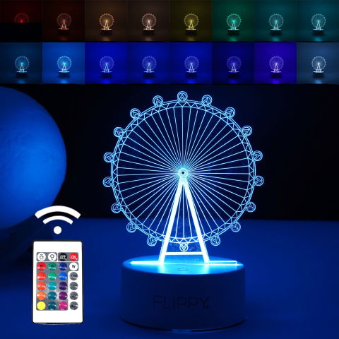 Lampi de veghe - Lampa LED decorativa, Flippy, 3D, Roata Panoramica, cu telecomanda, doua moduri de alimentare USB si baterii, 20 cm inaltime, din material acril si lumina multicolora, alb