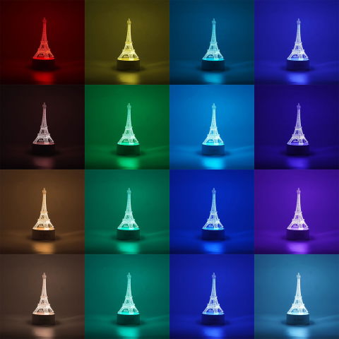 Import - Lampa LED decorativa, Flippy, 3D, Turnul Eiffel, din material acril si lumina multicolora, alb