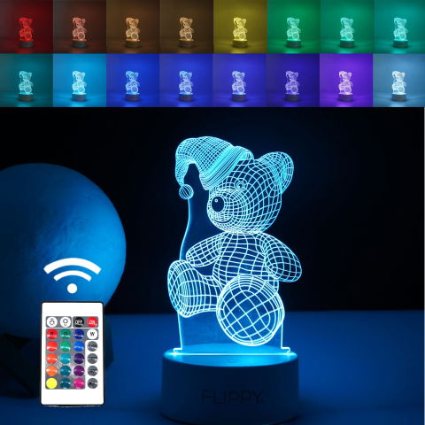 Lampi de veghe - Lampa LED decorativa, Flippy, 3D, Urs cu palarie, cu telecomanda, doua moduri de alimentare USB si baterii, 20 cm inaltime, din material acril si lumina multicolora, alb