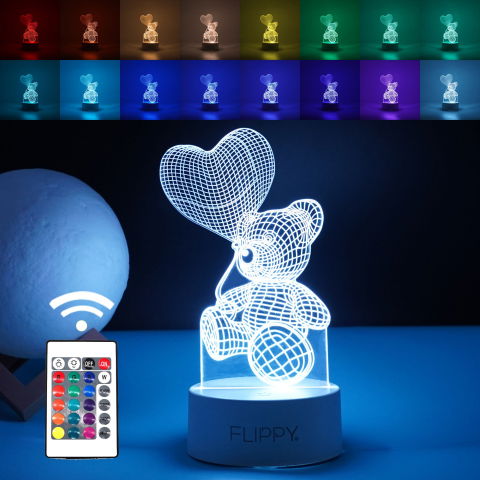 Lampi de veghe - Lampa LED decorativa, Flippy, 3D, Ursulet cu balon inima, cu telecomanda, doua moduri de alimentare USB si baterii, 20 cm inaltime, din material acril si lumina multicolora, alb