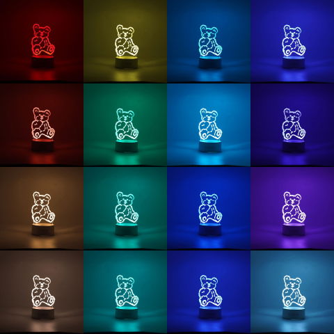 Import - Lampa LED decorativa, Flippy, 3D, Ursulet, cu telecomanda, doua moduri de alimentare USB si baterii, 20 cm inaltime, din material acril si lumina multicolora, alb