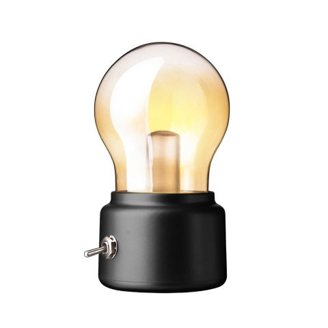 Lampi de veghe - Lampa LED Decorativa sub forma de Bulb, Retro pentru interior, Negru/ Transparent, 5 V, 500 mA, ABS, Lumina Calda, Incarcare USB, Autonimie 12 Ore, Comutator Metalic, Flippy, 11x7x6 cm