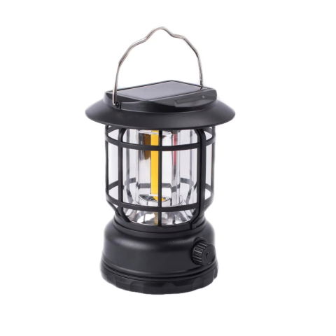 Import - Lampa portabila camping, Felinar Vintage, ABS, Iluminare 30 COB LED, Intensitate reglabila, Acumulator inclus, Incarcare Solara si USB, 5W, Flippy, Negru