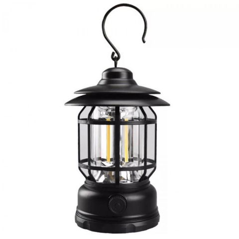 Import - Lampa portabila camping, Felinar Vintage cu carlig, ABS, Iluminare 21 COB LED, Intensitate reglabila, 5W, Flippy, Negru