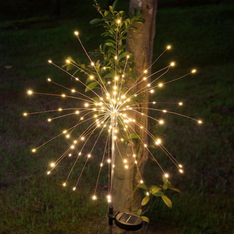 25 - 50 LEI - Lampa Solara, Flippy, Decor Gradina, Model Fireworks/Artificii, din Sarma de Cupru, 120 LED-uri, 55W, 90 cm, Alb Cald