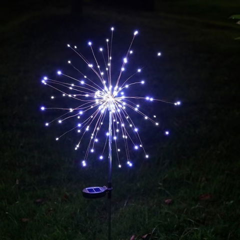 25 - 50 LEI - Lampa Solara, Flippy, Decor Gradina, Model Fireworks/Artificii, din Sarma de Cupru, 120 LED-uri, 55W, 90 cm, Alb Rece