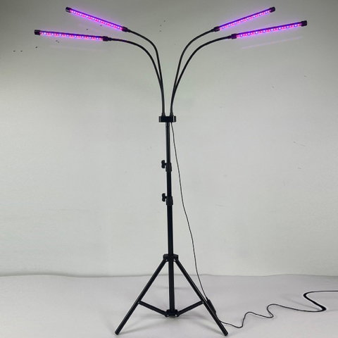 Import - Lampa UV pentru cresterea plantelor, Flippy, 4 capete, putere 30W, 108 LED-uri Lampa cu lumina Ultra-Violet, Lampa cu Picior Ajustabil pana la 2 m, Lumina UV Mov