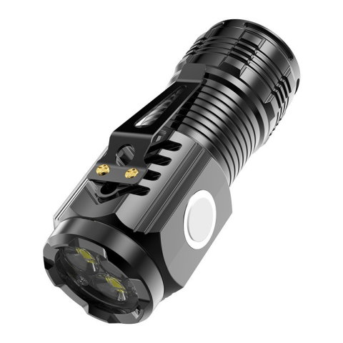 Import - Lanterna cu 3 Nuclee Led, Flippy, Incarcare USB, Autonomie 4-20h, Raza Maxima 100-200 m, 5W, 4 x 4 x 9 cm, Suport de Agatat, Fund Magnetic, Negru Galvanizat