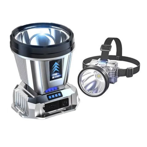 TeoMarket - Lanterna Power Bank LED, Flippy, cu Suport pentru Cap, Incarcare USB, Raza 100-200m, 5W, 3 Trepte de Lumina, Afisaj Baterie, Argintiu