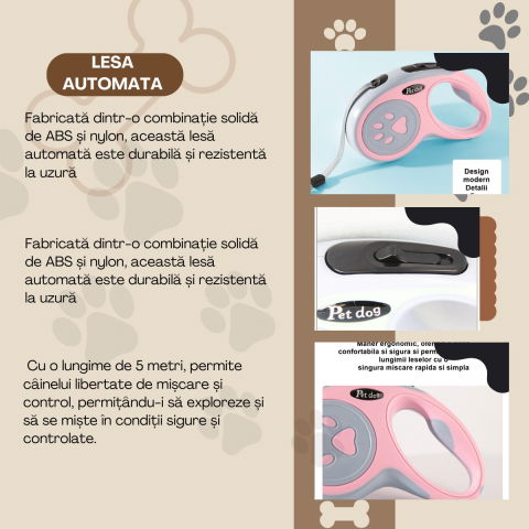 Import - Lesa Automata Retractabila, Flippy, pentru Caini, 5m, 20 kg, ABS, Roz/Gri, 8x12x4 cm