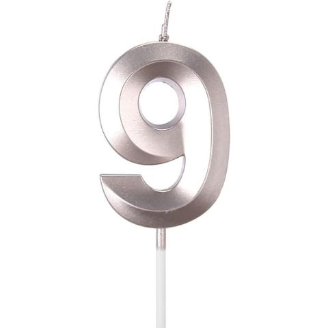 TeoMarket - Lumanare Cifra 9, Flippy, Model Diamond, 5 x 3.4 cm, Argintiu