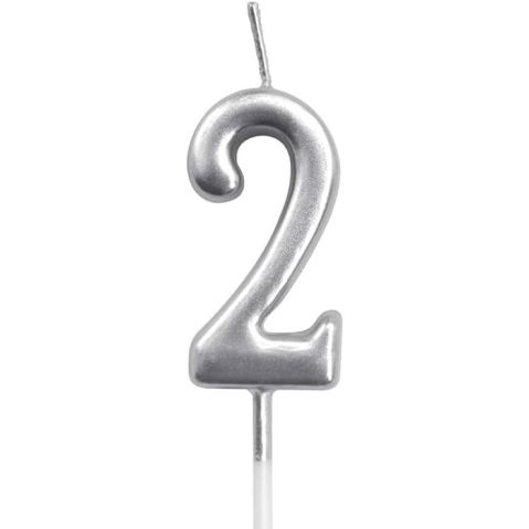 10 - 25 LEI - Lumanare de Tort, Flippy, Model Cifra 2, Party, 4.5 x 2.5 cm, din Parafina, Argintiu
