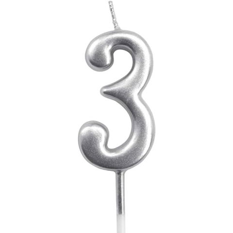 10 - 25 LEI - Lumanare de Tort, Flippy, Model Cifra 3, Party, 4.5 x 2.5 cm, din Parafina, Argintiu