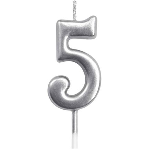 Lumanari si Toppere - Lumanare de Tort, Flippy, Model Cifra 5, Party, 4.5 x 2.5 cm, din Parafina, Argintiu